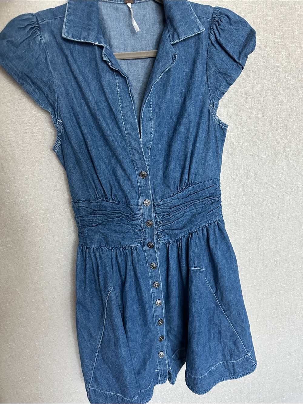 Free People Denim Mini Dress | Button Front | Puff Sleeve | XS